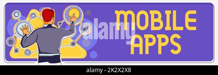 Text mit Inspiration Mobile Apps. Geschäftsidee kleine Programme werden für Smartphones wie App Store oder App Store entwickelt man manipuliert Kreisdiagramme, die eine erfolgreiche Strategieerstellung darstellen. Stockfoto