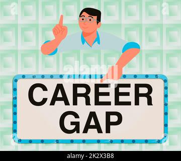 Inspiration mit dem Zeichen „Career Gap“. Ein Wort für Eine Szene, in der Sie eine Weile nicht mehr bei Ihrem Beruf arbeiten, Gentleman Pointing Finger Board präsentiert die neuesten Projektideen. Stockfoto