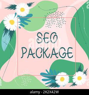 Schild mit Anzeige von Seo Package. Ein Wort, das über die Praxis der Suchmaschinenoptimierung geschrieben wurde, erhöht die Anzahl der Besucher, die mit abstrakten, modernisierten Forms, Blumen und Blattwerk verziert sind. Stockfoto