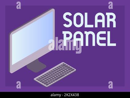 Schild mit dem Sonnenkollektor. Das Wort wurde geschrieben, um Sonnenstrahlen als Energiequelle zu absorbieren Monitor mit Tastatur symbolisiert die Online-Verbindung zwischen Kollegen. Stockfoto