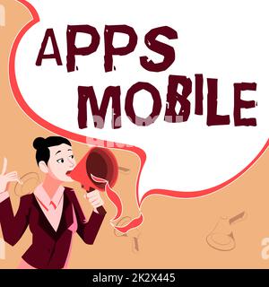 Konzeptionelle Beschriftung Apps Mobile. Internet Concept Computerprogramm, entwickelt für die Ausführung auf einem Handgerät weibliche Anführerin hält ein Megafon, das ermutigende Ideen ausdrückt. Stockfoto