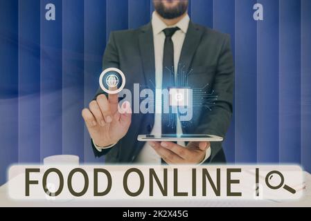 Inspiration mit dem Schild Food Online. Business Showcase fragt nach etwas zu essen über die Telefon-App oder Website man Hold Screen des Mobiltelefons zeigt die futuristische Technologie. Stockfoto