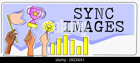 Handschrift Zeichen Sync Bilder. Konzept bedeutet, dass Fotos auf allen Geräten identisch sind und überall zugänglich sind zwei Köpfe verbunden Puzzle zeigt Probleme lösen und Erfolg teilen Stockfoto