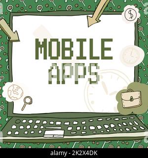 Handschrift Text Mobile Apps. Kleine Programme für konzeptionelle Fotos sind für Smartphones wie App-Stores oder App-Stores konzipiert. Poster mit monetären Symbolen, die die Pünktlichkeit der Mitarbeiter anzeigen. Stockfoto