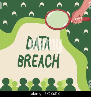 Textunterschrift für Datenmissbrauch. Konzept bedeutet Sicherheitsvorfall, bei dem vertrauliche geschützte Informationen Hand Holding Lupe Untersuchung der sozioökonomischen Struktur kopiert wurden. Stockfoto