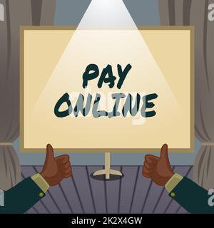 Handschriftliches Schild „Pay Online“. Konzeptfoto Kauf von Produkten oder Dienstleistungen mit Kreditkarte auf einer beliebigen Website Hände Daumen hoch Zeigen Sie neue Ideen. Handflächen Mit Notiz Zur Präsentation Von Plänen Stockfoto