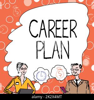 Unterschreiben Sie, dass der Karriereplan angezeigt wird. Wort für fortlaufenden Prozess, bei dem Sie Ihre Interessen und Fähigkeiten erkunden Teammitglieder, die sich Whiteboard-Brainstorming zu neuen Lösungen ansehen. Stockfoto