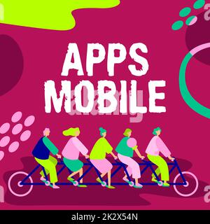 Text mit Inspiration Apps Mobile. Konzeptionelles Fotocomputerprogramm, das auf Handheld-Geräten von Kollegen auf Fahrrädern ausgeführt werden kann und Teamwork für erfolgreiche Problemlösung repräsentiert. Stockfoto