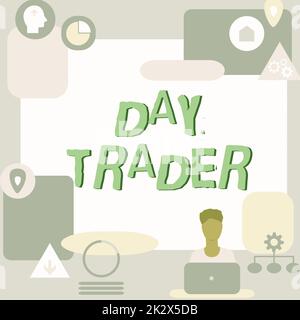 Handgeschriebenes Schild Day Trader. Ein Wort über eine Person, die Finanzinstrumente innerhalb eines Tages kauft und verkauft. Ein Mann, der am Schreibtisch sitzt und neue Technologien präsentiert. Stockfoto