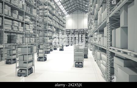 Roboterlager mit Drohnen, Drahtmodell. Stockfoto