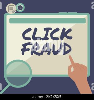 Handgeschriebenes Schild Click Fraud. Ein Beispiel für die Praxis, wiederholt auf eine Website zu klicken, auf der Werbung gehostet wird, und zwar mithilfe von „Big Tablet Searching Plans for New Amazing Ideas“ (Pläne für die Suche nach neuen fantastischen Ideen) Stockfoto