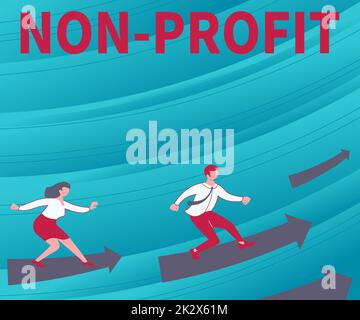 Konzeptionelle Anzeige - gemeinnützige Organisation. Geschäftsansatz Bereitstellung von Produkten oder Dienstleistungen ohne Rückzahlung Pfeile, die zwei Kollegen auf dem Weg zu einer besseren Finanzplanung leiten Stockfoto