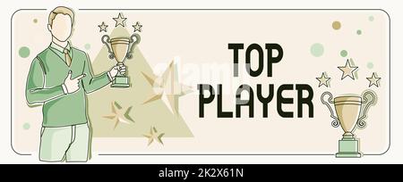 Konzeptionelle Beschriftung Top Player. Das Internet-Konzept ist das beste in Sportspielen wie Fußball oder elektronischen Spielen. Man zeigt mit dem Finger auf die Trophäe und jubelt Projekterfolg an. Stockfoto