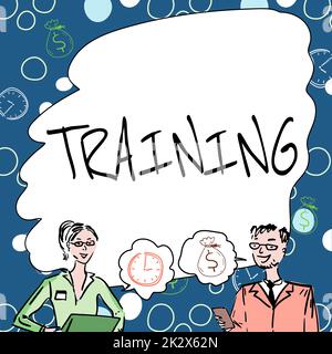 Schild mit Anzeige der Schulung. Ein Wort für eine Aktivität trat auf, als ein neues Jobprojekt begonnen wurde, oder Teammitglieder, die sich Whiteboard-Brainstorming zu neuen Lösungen angesehen haben. Stockfoto