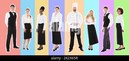 Gruppe von Happy Restaurant Personal in einer Linie auf weißem Hintergrund Stockfoto