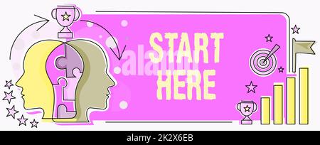 Textbeschriftung Präsentation beginnt hier. Konzept bedeutet, jemandem zu sagen, dass dies der Ausgangspunkt ist, um von einem Ziel zum nächsten zu gelangen zwei Köpfe verbundenes Puzzle zeigt, wie Probleme gelöst und Erfolge geteilt werden Stockfoto