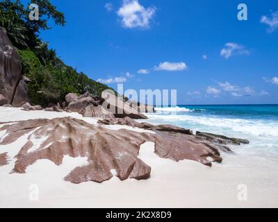 Seychellen, La Digue - Strand von Grande Anse Stockfoto