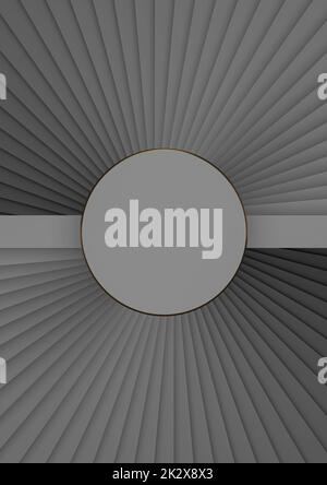 Dunkles Graphitgrau, Schwarz und Weiß 3D-Rendering Draufsicht flaches Produkt-Display ein Zylinder Podium oder Ständer mit Handventilator oder Tapeten Spiralschritte Minimale, einfache, abstrakte Zusammensetzung Stockfoto