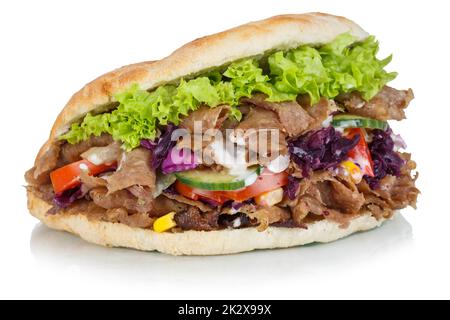 DÃ¶ner Kebab Doner Kebap Fast Food in Fladenbrot, isoliert auf weißem Hintergrund Stockfoto