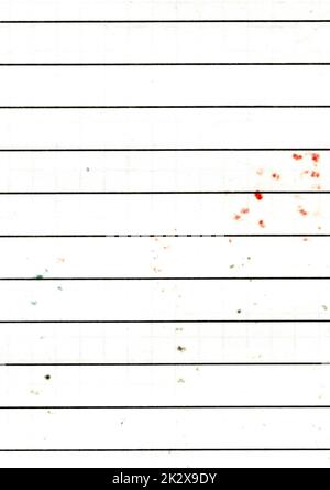 Hochauflösende Großaufnahme von gebrauchtem, abgenutztem Liniendiagramm Papier Texturhintergrund Scan mit farbigen Flecken beim Schreiben mit Markern verwitterte Altpapiertapete mit Platz für Text Stockfoto