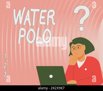 Text zeigt Inspiration Water Poloshirt. Geschäftsbeispiele Wettkampf-Mannschaftssport spielte im Wasser zwischen zwei Teams Lady Drawing, um ein Brainstorming zu neuen Lösungen durchzuführen, umgeben von Fragezeichen Stockfoto