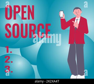 Handschrifttext Open Source. Ein Wort, das auf Software geschrieben wurde, die den ursprünglichen Quellcode frei verfügbarer man-Holding-Bildschirm des Mobiltelefons zeigt, der die futuristische Technologie zeigt. Stockfoto