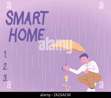 Textzeichen mit Smart Home. Ein Wort über die Steuerung von Automatisierungssystemen Beleuchtung Klima Unterhaltungssysteme Gentleman Holding Umbrella Growing Flower präsentiert die neuesten Projektideen. Stockfoto