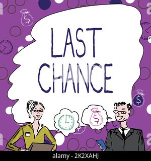 Konzeptionelle Beschriftung Letzte Chance. Geschäftsüberblick letzte Gelegenheit, etwas zu erreichen oder zu erwerben oder Maßnahmen zu ergreifen Teammitglieder betrachten Whiteboard-Brainstorming für neue Lösungen. Stockfoto