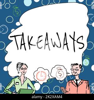 Textanzeige der Takeaways. Wort für eine Handlung oder einen Fall, in dem Sie jemandem etwas geben, Teammitgliedern, die sich Whiteboard-Brainstorming zu neuen Lösungen ansehen. Stockfoto
