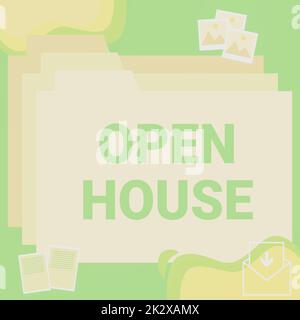 Konzeptunterschrift Open House. Konzept bedeutet, dass Sie immer kommen können, wann immer Sie möchten. Machen Sie sich zu Hause. Desktop-Ordner in Webbrowser mit neuester Technologie. Stockfoto