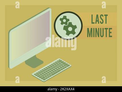 Textbeschriftung für Last Minute. Geschäftsansatz, der zum frühestmöglichen Zeitpunkt vor dem Ereignis erfolgt oder durchgeführt wird Monitor mit Tastatur, die die Online-Verbindung zwischen Kollegen symbolisiert. Stockfoto