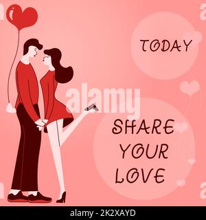 Schreiben und Text zeigen, TEILEN Sie IHRE LIEBE. Geschäftsübersicht Express Love with someone you care Pärchen Händchen halten steht für romantisches Paar Liebe ausdrücken. Stockfoto