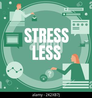 Inspiration zeigt Zeichen Stress Less. Internetkonzept von Problemen fernbleiben Gehen Sie hinaus, entspannen Sie sich Meditation Verwöhnen Sie sich selbst Kollegen bei Online-Meetings, bei denen zukünftige Projektpläne diskutiert werden. Stockfoto