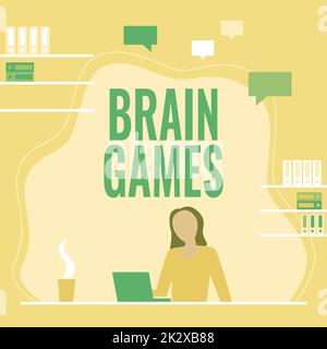 Konzeptionelle Bildunterschrift „Gehirnspiele“. Ein Wort, das über eine psychologische Taktik geschrieben wurde, um die gegnerische Frau am Schreibtisch zu manipulieren oder einzuschüchtern, die neue Technologien präsentiert. Stockfoto