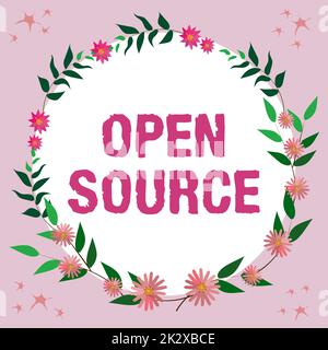 Text, der Inspiration Open Source zeigt. Geschäftsübersicht mit Software, deren ursprünglicher Quellcode frei verfügbar ist Rahmen mit farbenfrohen Blumen und Blattwerk harmonisch angeordnet. Stockfoto