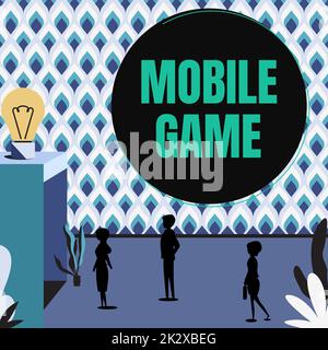Konzeptionelle Bildunterschrift Mobile Game. Konzeptfoto Es handelt sich um unterhaltsame Programme, die auf Smart-Geräten funktionieren E Kollegen, die auf dem Bergsteig erfolgreich sind, präsentieren Teamwork Stockfoto