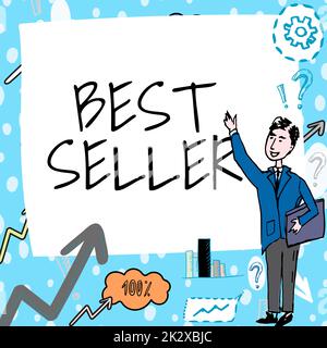 Handschriftlicher Text Bestseller. Geschäftsbuch oder anderes Produkt, das in sehr großen Mengen verkauft wird Gentleman Drawing Standing Pointing Finger in Blank Whiteboard. Stockfoto