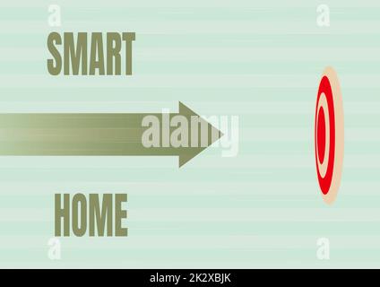 Text mit Inspiration Smart Home. Business Showcase Automatisierungssystem Steuerung Beleuchtung Klima Unterhaltungssysteme Arrow bewegt sich schnell in Richtung Zielvorgabe, die das Erreichen von Zielen darstellt. Stockfoto