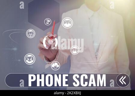 Handschrift Text Telefonbetrug. Ein Wort über unerwünschte Anrufe zur Werbung für Produkte oder Dienstleistungen Telesales Lady im Anzug, die einen Stift hält, symbolisiert erfolgreiche Teamarbeit. Stockfoto