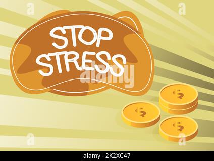 Textbeschriftung mit „Stop Stress“. Konzeptionelles Foto suchen Hilfe Medikamente nehmen Zeit mit Liebenden verbringen mehr Schlaf Münzen symbolisieren zukünftige Finanzpläne erfolgreich Hypothekenberechnung. Stockfoto