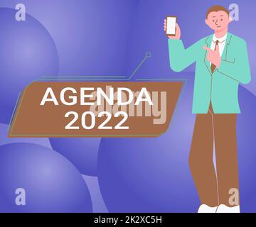 Textzeichen mit Agenda 2022. Geschäftsbeispiele Liste der Aktivitäten in der Reihenfolge, in der sie aufgenommen werden sollen Bildschirm des Handys mit der futuristischen Technologie. Stockfoto