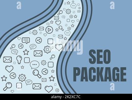 Schild mit Anzeige von Seo Package. Konzept bedeutet, dass die Optimierung von Suchmaschinen die Anzahl der Besucher erhöht Symbole symbolisieren, die Kollegen bei der Onlinekommunikation bei der Teamarbeit symbolisieren. Stockfoto