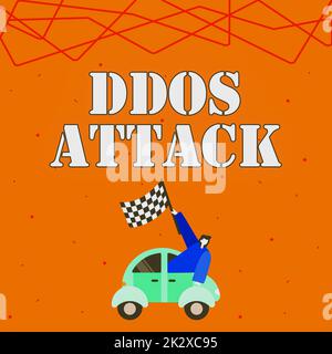 Konzeptionelle Überschrift DDoS-Angriff. Der Business Showcase Perpetrator versucht, Netzwerkressourcen nicht verfügbar zu machen Geschäftsmann winkt Banner von Vehicle Racing in Richtung erfolgreicher Zukunft. Stockfoto