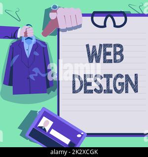 Textzeichen mit Webdesign. Unternehmensübersicht Wer ist für die Produktion und Pflege von Websites verantwortlich Hands Holding Uniform Showing New Open Career Opportunities (Hands Holding Uniform zeigt neue offene Karrierechancen). Stockfoto