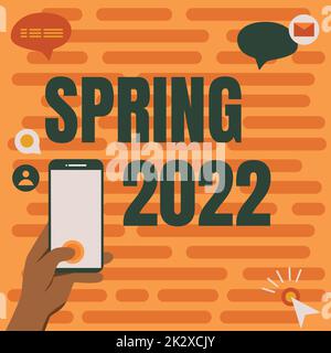 Textüberschrift für Frühjahr 2022. Wort für die Jahreszeit, in der die Blumen nach der Wintersaison aufsteigen Hände halten technisches Gerät durch Drücken der Anwendungstaste. Stockfoto