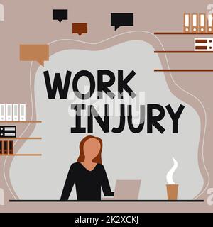 Textunterschrift zur Darstellung des Arbeitsunfalls. Konzeptfoto Unfallgefahr am Arbeitsplatz ungesicherte Zustände schaden Trauma Frau, die am Schreibtisch sitzt und neue Technologien präsentiert. Stockfoto