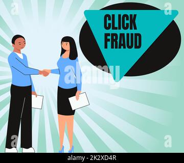 Handgeschriebenes Schild Click Fraud. Geschäftspraxis, wiederholtes Klicken auf Werbung gehostete Websites Kollegen über Hindernisse Hand Bridge präsentieren Teamwork Collaboration. Stockfoto