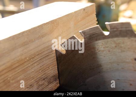 Ein Stück Holz liegt am Sägeblatt einer Kreissäge an Stockfoto