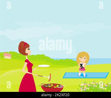 Eine Vektor-Illustration einer Familie mit einem Picknick in einem park Stockfoto