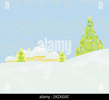 Weihnachtshaus und Baum in Schneeverwehungen Berglandschaft Stockfoto